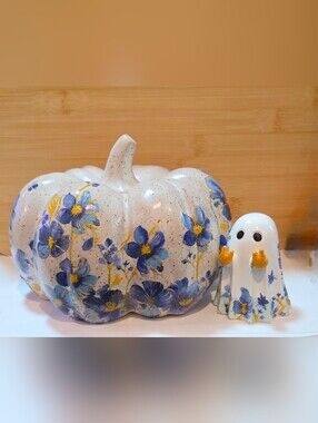🎃 Hand-painted Ceramic Floral Pumpkin & Ghost Set – Chic Halloween Decor ✨